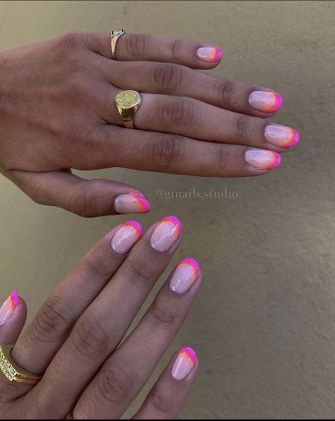 European Nails 2023, Shades Of Pink Gel Nails, Classic Summer Nails 2023, Opposite French Tip Nails, Different Color Tips Nails, Square Colorful Nails, Sport Cut Nails, Pink And Orange French Tip Nails, Pink Fun Nails