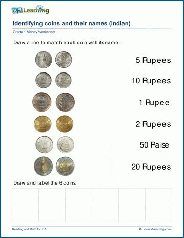 Students identify the names and values of Indian coins. Free | Math | Worksheets | Grade 1 | Printable Kindergarten Grammar, Identifying Coins, Good Study Habits, Indian Coins, Early Science, Cursive Writing Worksheets, Comprehension Exercises, Money Worksheets, Matching Worksheets