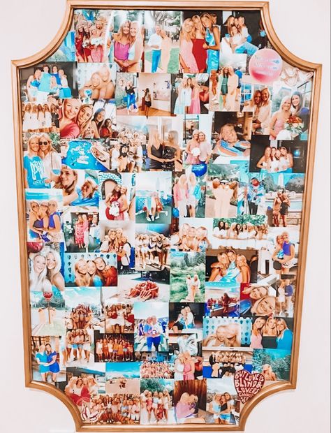 Friend Board With Pictures, Diy Dorm Room Decor Ideas, Cute Ways To Put Pictures On Your Wall, Dorm Photo Collage, Collage Dorm Aesthetic, Picture Board Ideas, Diy Picture Collage, Room List, Sorority Room