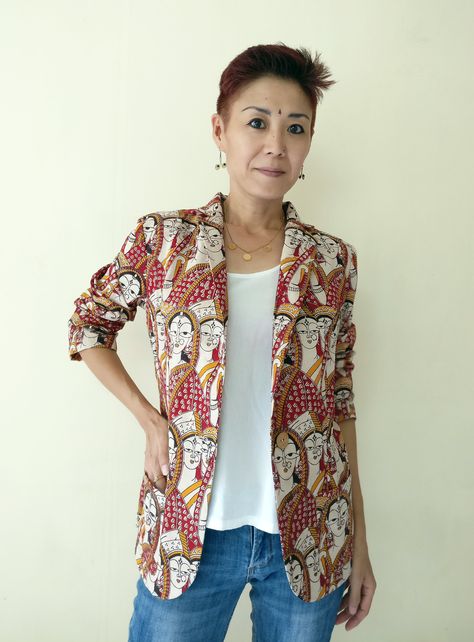 MIRCHI KOMACHI Casual Blazer Jacket is a cute Indo-Western item for ladies. The print of women wearing a saree in the traditional way was made into such a funky light jacket. A happy mixture of Indian and Western vibes. Shop online! Blazers For Women Indian, Silk Printed Shirts For Women, Kalamkari Jackets For Women, Ikat Blazer Women, Funky Blazers Women, Kalamkari Blazer, Blazer Outfits For Women Indian, Printed Blazers For Women, Ethnic Jackets For Women