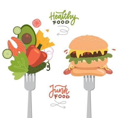 Scales with vegetables and healthy food and fast food. Choose between healthy and junk eating. Food choice. Diet decision concept and nutrition. Fast Food vs balanced menu. Healthy nutrition concept. 10886892 Vector Art at Vecteezy Menu Healthy, Flat Vector Illustration, Food Poster Design, Food Wallpaper, Eating Food, Logo Banners, Flat Vector, Food Drawing, Food Poster