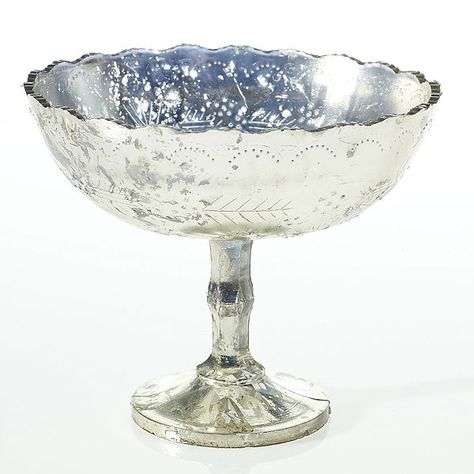 8 in. Dia X 7 in. H. Desiray Compote Mercury Glass Centerpiece, Mercury Glass Vase, Pedestal Vase, Christmas Tours, Silver Bowl, Pedestal Bowl, Botanical Decor, Gorgeous Christmas, Floral Foam