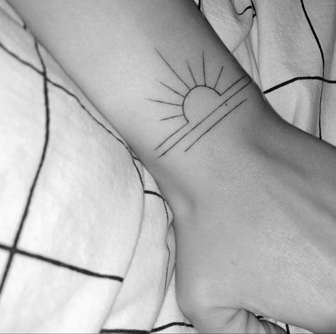 Wrist tattoo sunset tattoo Sunset Arm Tattoo, Colorful Sun Tattoos For Women, Simple Sunset Tattoo, Sunset Tattoos For Women, Sunrise And Sunset Tattoo, Sunrise Tattoo Simple, Dawn Tattoo, Papa Tattoo, Simple Wave Tattoo