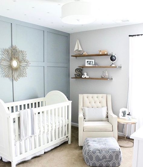 Stark on Instagram: “This nursery is so cute, we love the wall panelling as a feature wall, once the baby has arrived and we know wether its a Boy or Girl we…” Boy Room Accent Wall, Gender Neutral Nursery Inspiration, Unisex Baby Room, Nursery Inspiration Neutral, Gender Neutral Baby Nursery, Coastal Nursery, Ideas Habitaciones, Baby Room Colors, Baby Nursery Inspiration