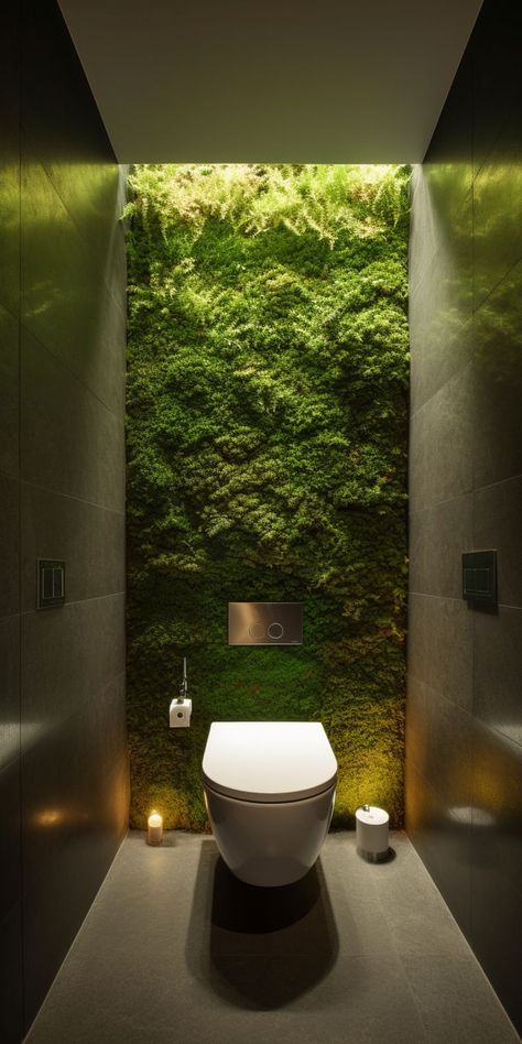 A beautiful and inviting toilet design, featuring a stunning and lush moss wall feature that infuses the space with organic texture and calming greenery. This pin showcases the perfect combination of nature and modernity, creating a unique and inspiring feature that elevates the entire space with its beauty and serenity. Bathroom Plants No Sunlight, Interior Plants Decoration, Mos Wand, Bathroom Plant, Bathroom Plants Decor, Interior Design Plants, Modern Bathroom Interior, Outdoor Ponds, House Interior Design Styles