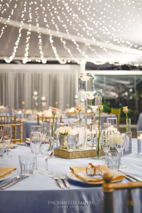 Romantic Whimsy Wedding, Powder Blue And Gold Wedding, Light Blue And Gold Wedding, White Table Numbers, Blue Gold Wedding, Custom Stationary, Rosé Theme, Corporate Event Planner, Cinderella Wedding