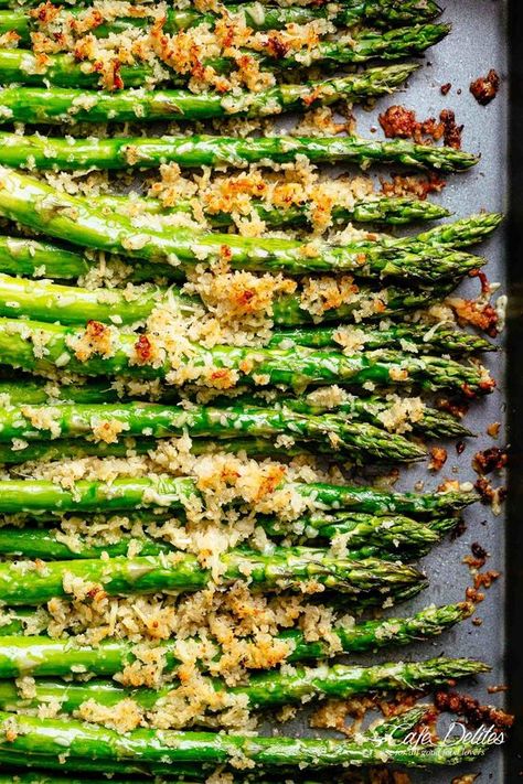 Garlic Butter Asparagus with Crispy Parmesan has so much flavour! The perfect crispy and crunchy side dish OR snack! Topped with a buttery Panko crumb mixture with parmesan cheese and garlic, then roasted and broiled (or grilled) until deliciously crispy with SO MUCH FLAVOUR. Even the pickiest of eaters will LOVE this Asparagus recipe! | cafedelites.com Roasted Asparagus Parmesan, Garlic Butter Asparagus, Crispy Asparagus, Butter Asparagus, Asparagus Recipes Oven, Salad Appetizer Cups, Grilled Asparagus Recipes, Asparagus Recipes Baked, Asparagus Recipes Roasted