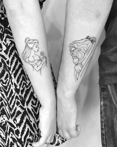 38 Classic Cartoon Character Tattoos To Bring You Back To Childhood Tato Set Couple, Disney Tattoos Couples, Tattoo Set Couple, Couple Tattoos Disney, Tato Set, Couple Tattoo Design, Simple Couples Tattoos, Disney Couple Tattoos, Infinity Tattoos For Couples