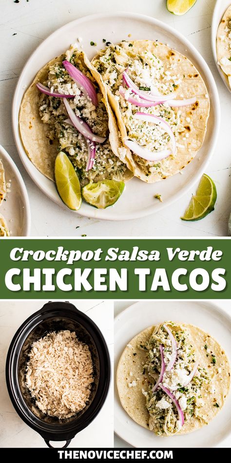 Salsa Verde Chicken Tacos in the Crockpot are an easy Taco Tuesday recipe! Made with tangy, savory salsa verde, these shredded chicken tacos will have everyone in the family fighting for the last one! Crockpot Salsa Verde Chicken, Crockpot Salsa Verde, Salsa Verde Chicken Tacos, Crockpot Shredded Chicken Tacos, Salsa Verde Chicken Crockpot, Slow Cooker Salsa Verde Chicken, Crockpot Salsa, Ground Chicken Tacos, Salsa Chicken Crockpot