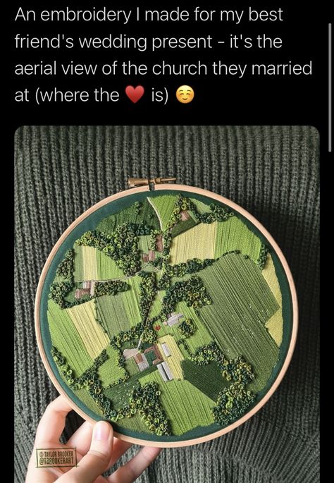 A picture of someone holding an embroidery loop with an embroidered design of an aerial view of green fields and a church. A red heart is embroidered where the wedding took place. Ideas Embroidery, Embroidery Ideas, Christmas Market, Friend Wedding, Aerial View, Facebook Instagram, Wedding Gift, Best Friend, A Wedding