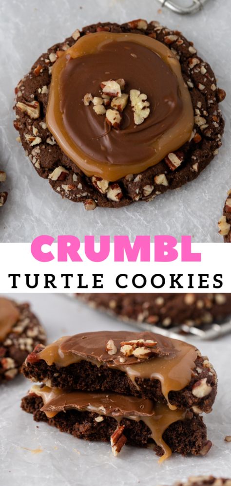 The Best Chilled Crumbl Turtle Cookies - Lifestyle of a Foodie Crumbl Holiday Cookies, Crumble Christmas Cookies, Cookies With Toppings, Crumbl Christmas Cookies, Christmas Crumble Cookies, Popular Cookie Recipes, Gourmet Christmas Cookies, Copycat Crumbl Cookies Recipes, Honeybee Cookies