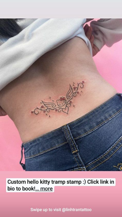 Hello Kitty Chest Tattoo, Tramp Stamp Flowers, Coquette Tramp Stamp, Pink Tramp Stamp, Hello Kitty Tramp Stamp, Flower Tramp Stamp, Lower Back Tattoos For Women, Dark Skin Tattoo, Sparkle Tattoo