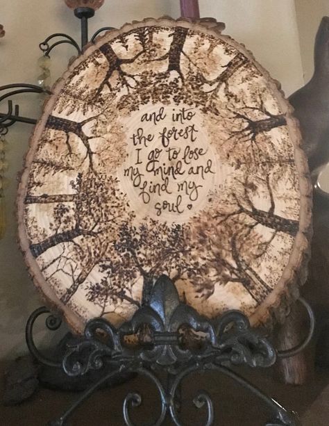 "This is a design wood burned by the artist on a rustic slice of  basswood.  Completely handmade and unique.  No lasers, stencils, etc. were used.  Signed by the artist.  Makes a great gift.  Sealed with mineral oil.  Approximate size 9 1/2\" x 11\".  Stand not included.  Only one available." Large Wood Burning Ideas, Wood Burning Quotes, Woodburning Art Ideas, Wood Burning Ideas Gifts, Wood Burning Designs, Farmhouse Birthday, Pyrography Projects, Wood Burning Tips, Fairy Circle