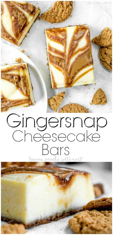 These easy Gingersnap Cheesecake Bars are creamy cheesecake with swirls of delicious cookie butter running through it, baked on top of a gingersnap cookie crust. It is a delicious cheesecake recipe that makes a great dessert for Thanksgiving or Christmas dessert! #christmas #gingersnaps #ginger #cheesecake #dessert #christmasdessert #cookiebutter #homemadeinterest Ginger Snap Cheesecake, Gingersnap Cheesecake, Ginger Cheesecake, Desserts Cheesecake, Delicious Cheesecake Recipes, Dessert Christmas, Christmas Desserts Easy, Cookie Butter, Ginger Snap Cookies