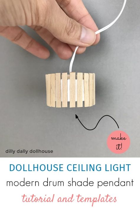 DIY Modern Miniatures | Tutorial for Dollhouse Light | dillydallydollhouse.com Diy Furniture For Doll House, Diy Barbie Chandelier, Wood Barbie Furniture, Doll House Furniture Diy Recycled, How To Make Tiny Furniture, Barbie Crafts Diy Dollhouse Furniture, Lundby Dollhouse Diy, Diy Dollhouse Lighting, Diy Dollhouse Lights