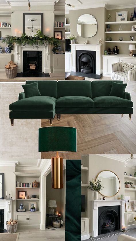 Bottle green, gold, neutrals, off white Bottle Green, House Inspo, Green Gold, Off White, Living Room, Green, Gold, White