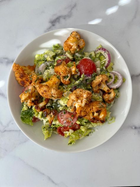 Buffalo Cauliflower + Yogurt Ranch + Salad – Lisa's Project: Vegan Buffalo Cauliflower Meal Ideas, Buffalo Cauliflower Meal, Cauliflower Yogurt, Yogurt Ranch, Carrots And Celery, Ranch Salad, Romaine Salad, Cauliflower Wings, Buffalo Cauliflower