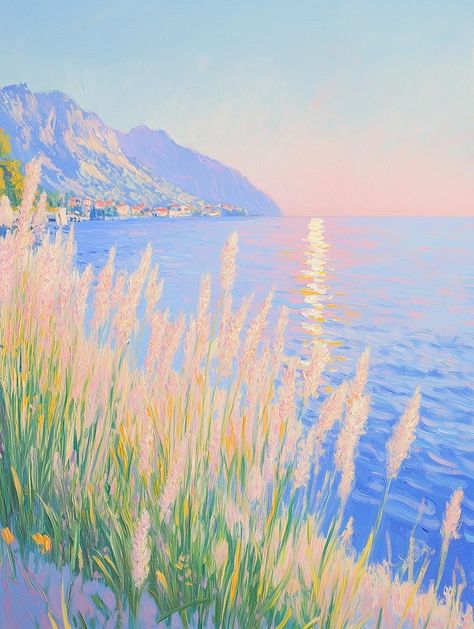 This exquisite artwork captures the tranquility of a coastal landscape bathed in soft pastel colors reminiscent of impressionist master Claude Monet. The gentle swaying of lush grasses in the foreground meets the shimmering waves of a serene sea, as hues of pink, blue, and gold intertwine seamlessly to create a peaceful ambiance. This original canvas print invites you to experience the beauty of nature in your living space, making it an ideal choice for any discerning art lover seeking to enhanc Pink And Green Landscape, Peaceful Color Palette, Painting Pastel Colors, Calming Color Palette, Calm Landscape, Pastel Cottagecore, Coastal Calm, Pretty Paintings, Calm Art