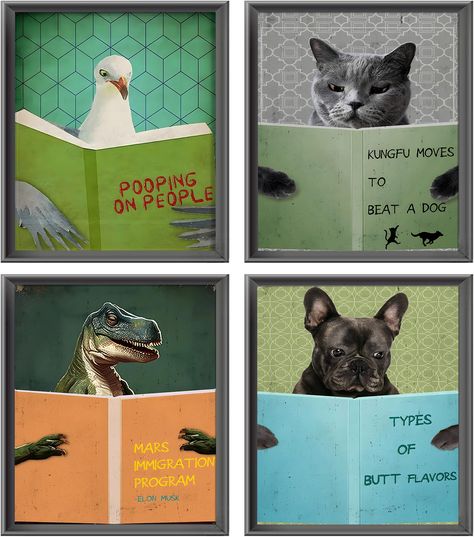 PRICES MAY VARY. Bathroom Decor Wall Art (Wall Decor Aesthetic): This set of unframed bathroom artwork for walls combines 4 animals pictures reading book. This animal reading book bathroom pictures set can add a funny and humor atmosphere to your bathroom, restroom or guest bathroom or other room, making your home more unique and distinctive. This inspirational bathroom wall decor set will complement any interior design. Premium Quality Decor (Set Of 4 Unframed): These modern bathroom art wall d Funny Bathroom Pictures, Vintage Bathroom Pictures, Animals Reading Books, Painting Humor, Modern Bathroom Art, Animal Reading, Painting For Wall Decor, Animals Reading, Cute Humor