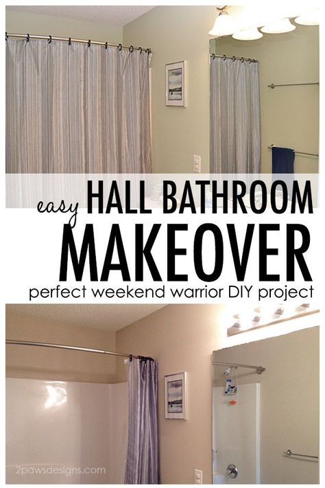 From builder's boring to fresh & new, see how we easily completed the hall bath makeover in our home. The perfect weekend warrior project.  #foreclosuretohome Hall Bath Makeover, Bath Makeover, Hall Bathroom, Diy And Home Improvement, Weekend Warrior, Bathroom Organization, Bathroom Makeover, Home Improvement Projects, Basic Shower Curtain