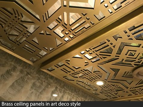 decorative brass fretwork ceiling panels in art deco design Art Deco Ceiling Design, Art Deco Wall Panelling, Decorative Ceiling Panels, Deco Gamer, Mirror Pattern, Mirror Ceiling, Art Deco Ceiling, Ceiling Plan, Art Gallery Interior