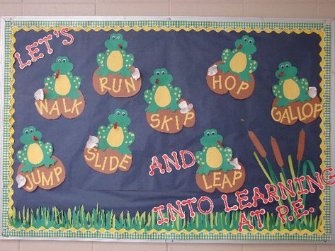 Leap into Learning Image Leap Into Learning Bulletin Board, Frog Bulletin Board Ideas, Gym Bulletin Board Ideas, Frog Bulletin Boards, Physical Education Bulletin Boards, Pe Bulletin Boards, Frog Classroom, Kids Bulletin Boards, Elementary Pe