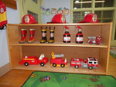 Fire Station Play Area, Pretend Play Fire Station, Fireman Dramatic Play, Firefighter Role Play, Community Helpers Outdoor Activities, Dramatic Play Fire Station, Fire Station Dramatic Play Preschool, Fire Safety Dramatic Play, Fire Station Role Play