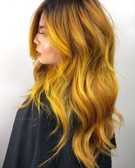 * Melted Marigolds ... by @venalove ・・・ Created this gold yellow tone and rooted her out using a dark copper penny brown #behindthechair… #colouredhair #hair #hairinspo #haircolor #colourful #vividhaircolor Yellow And Brown Hair, Yellow Balayage, Yellow Ombre Hair, Marigold Hair, Mustard Yellow Hair, Virgo Rising, Yellow Hair Color, Sunflower Hair, Hair Color Caramel