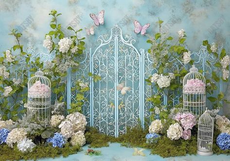 Blue Butterfly Flower Backdrop - Gatsby Backdrop Butterfly Photo Booth, Blue Butterfly Flower, Butterfly Wonderland, Candle Photography, Pregnant Wedding, Arched Doors, Butterfly Photos, Winter Onederland, Studio Props