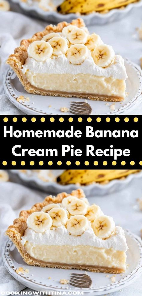 "Craving a delightful dessert? This Homemade Banana Cream Pie Recipe is a perfect treat for any occasion. With its creamy filling and fresh bananas, it’s an easy dessert your family will love. Homemade Banana Cream Pie, Banana Cream Pie Recipe, Banana Pie, Homemade Custard, Buttery Shortbread Cookies, Easy Pie Recipes, Cream Pie Recipes, Banana Cream Pie, Dessert Lover