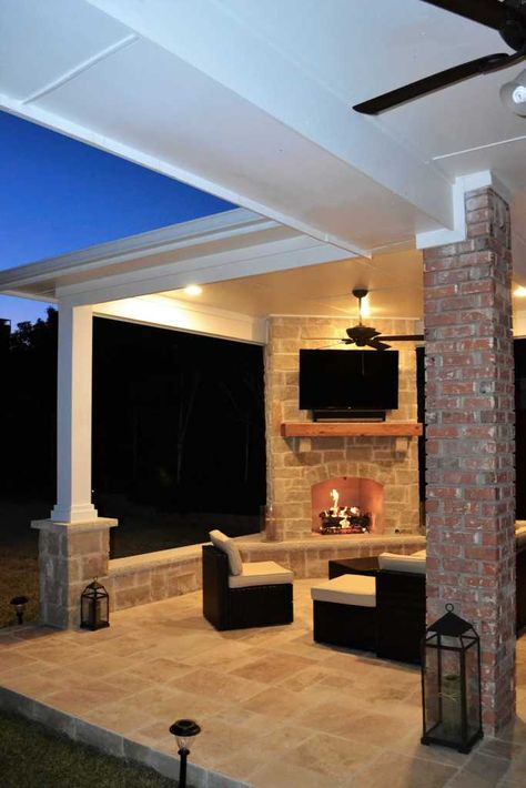 Outdoor Living Area with Corner Fireplace in Irving - Las Colinas - Texas Custom Patios Fireplace In Corner Of Room, Outdoor Corner Fireplace Ideas, Fireplace Patio, Outside Fireplace, Covered Patio Design, Living Pool, Outdoor Covered Patio, Porch Fireplace, Beautiful Outdoor Living Spaces