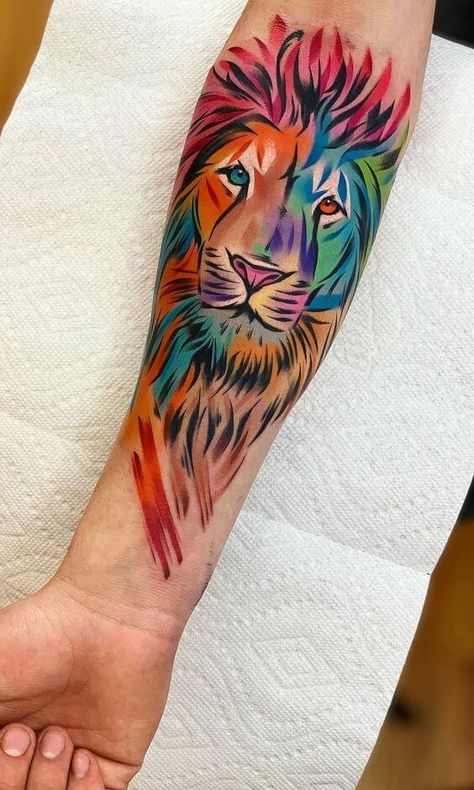 15+ Watercolor Lion Tattoo Designs | PetPress Colorful Lion Tattoo, Colored Tattoo Design, 7 Tattoo, Lion Tattoo Sleeves, Lion Head Tattoos, Lion Tattoo Design, Leo Tattoos, Fotografi Kota, Tatuaje A Color