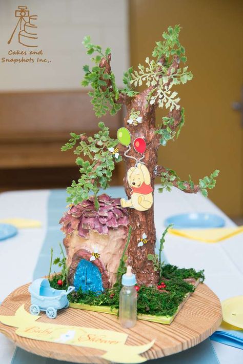 Winnie the Pooh  | CatchMyParty.com Classic Winnie The Pooh Centerpiece Ideas, Winnie The Pooh Centerpiece Ideas, Baby Shower Winnie The Pooh, Poo Bear, Baby Shower Party Planning, Winnie The Pooh Cake, Pooh Party, Baby Boy Shower Party, Winnie The Pooh Themes