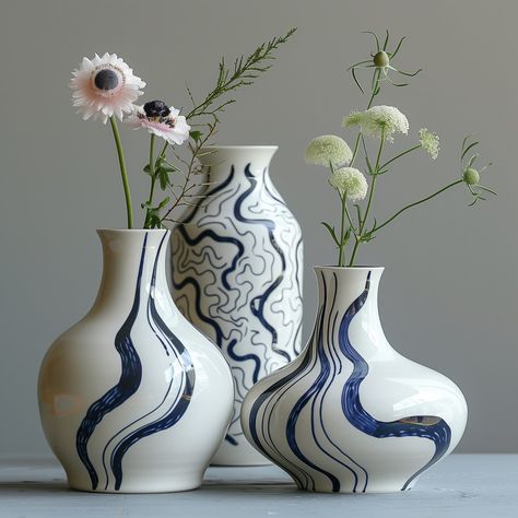 A Trio of Curvaceous ceramic Vases Blue Patterns, Vase Unique, Dynamic Movement, Fluid Design, White Backdrop, Ceramic Vases, Creamy White, Blue Pattern, Vase