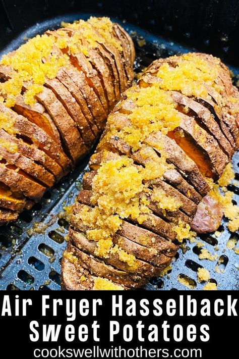 sweet potatoes in air fryer topped with brown sugar Hassleback Sweet Potatoes, Cheesy Hasselback Potatoes, Hasselback Sweet Potatoes, Recipe For Air Fryer, Cozy Fall Recipes, Sweet Potato Cinnamon, Sweet Potato Slices, Hasselback Potatoes, Air Fry Recipes