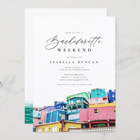 Watercolor San Juan Puerto Rico Skyline Tropical Invitation | #bachelorette #skyline #watercolor #destination #itinerary #ocean #tropical #beach #sanjuan #puertorico Puerto Rico Bachelorette, Tropical Bachelorette, Tropical Invitations, Ocean Tropical, Bachelorette Party Beach, Beach Bachelorette, Bachelorette Invitations, Colorful City, Itinerary Template