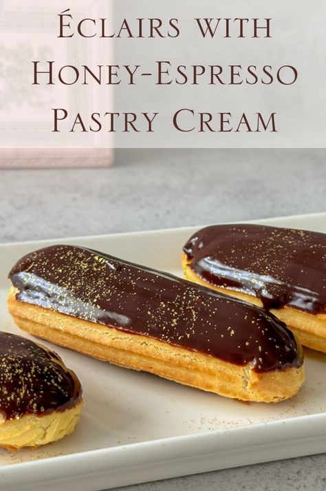 These delicious éclairs are filled with honey-espresso pastry cream and dipped in a thick and beautifully shiny chocolate-espresso glaze. Espresso Glaze, Patisserie Cake, Chocolate Eclair, Creamed Honey, Choux Pastry, Chocolate Espresso, French Desserts, Pastry Cream, Chocolate Glaze