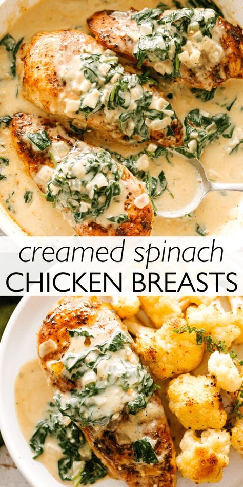 Perfectly seared chicken breasts smothered with a wonderfully rich and creamy spinach sauce. This easy chicken recipe is a fantastic low-carb, Keto-friendly dinner, and it comes together super fast! Creamed Spinach Chicken, Diethood Recipes, Chicken Spinach Recipes, Creamy Spinach Chicken, Spinach Cream Sauce, Creamy Spinach Sauce, Pan Fried Chicken Breast, Spinach Sauce, Chicken Divan