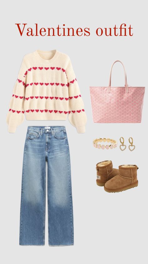 Heart sweater, uggs Valentines Outfit Casual, Casual Valentines Outfit, Casual Outfits Pink, Valentines Nails Ideas, Valentines Outfit Ideas, Outfit Ideas For School Casual, Valentines Date Night, Heart Sweater, Day Outfit