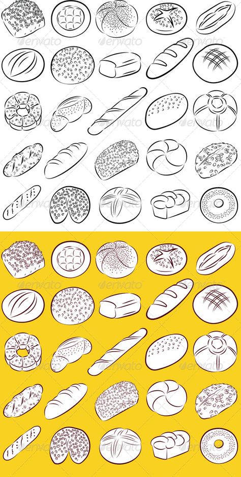 Breads Vector Bread Doodle Drawing, Bread Drawing Simple, Bread Ideas Creative, Bread Doodle, Bread Drawing, Bakery Identity, Bullet Journal Boxes, Bread Illustration, Bread Vector