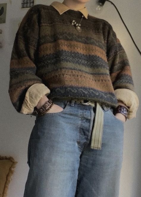 Brown Winter Outfit Men, Lumberjack Aesthetic Outfit, Steampunk Aesthetic Outfit Men, Acedamia Aesthetic Outfits Male, Cozy Masc Outfits, Foresty Outfits, Forestcore Outfit Men, Goblin Core Outfit Men, Sweater With Turtleneck Underneath