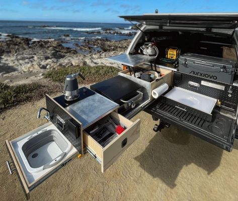 Overland Kitchen, Pull Out Kitchen Storage, Industrial Drawer, Truck Bed Slide, Diy Truck Bedding, Pickup Trucks Camping, Camping Gear Diy, Ute Canopy, Truck Bed Storage