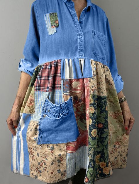 Midi Dress Autumn, Ropa Upcycling, Denim Shirt Style, Vestidos Casual, Rustic Dresses, Style Midi Dress, Boho Patchwork, School Outfit Women, Upcycle Ideas