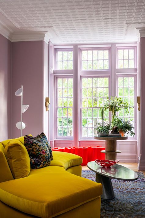 7 colors that go with lavender for a surprisingly modern scheme | Livingetc Lavender Living Room, Lilac Interior, Lavender Interior, Beige Headboard, Lavender Walls, Pastel Trends, Collected Interiors, Pastel Color Schemes, Yellow Colour Scheme