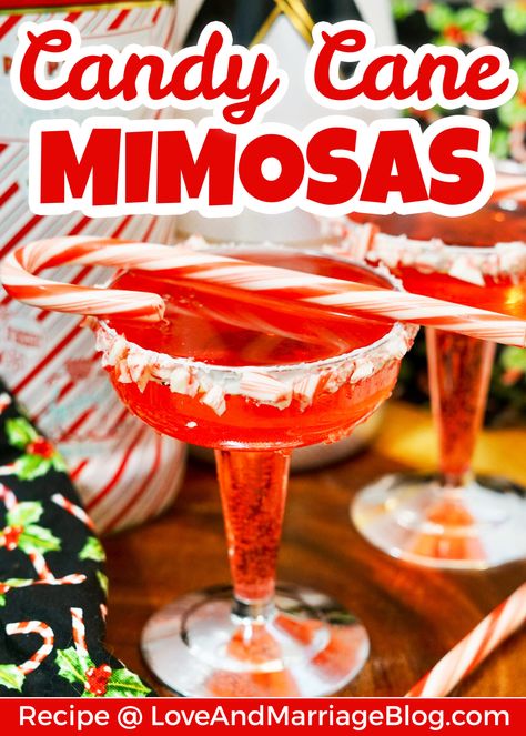 Candy Cane Mimosas Recipe for Christmas - Easy Holiday Cocktail Peppermint Bark Mimosa, Grinch Mimosa Recipe, Candy Cane Drink, Mimosa Recipe Christmas, Candy Cane Christmas Punch, Xmas Shots, Mimosas Recipe, Christmas Brunch Party, Easy Holiday Cocktails