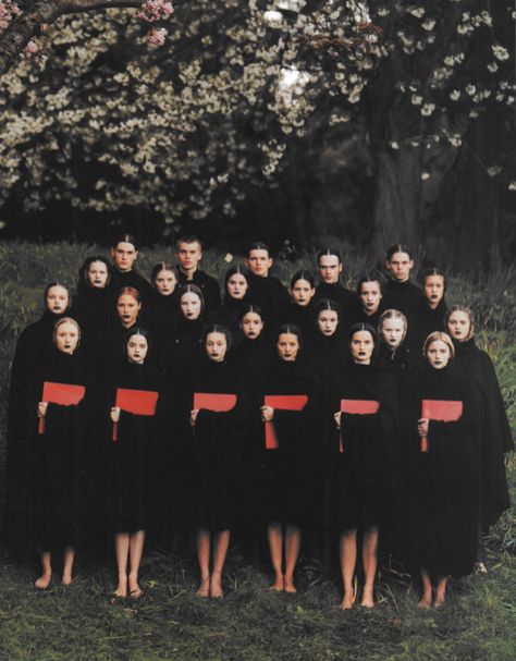 The Choir, photographed by Phil Poynter for Dazed and Confused, 1999 All clothes by Raf Simons Black Widow Red Room, Black Widow Aesthetic, Teen Witch, Natalia Romanova, Red Room, Dazed And Confused, Red Rooms, Magic School, Raf Simons