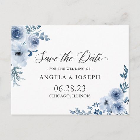 Bohemian Dusty Blue Floral Wedding Save the Date Invitation Postcard | #savethedate #wedding #flowers #postcard #elegant #watercolor #dusty #blue #bohemian #boho Dusty Blue Flowers, Floral Wedding Stationery, Postcard Wedding Invitation, Blue Floral Wedding, Floral Save The Dates, Date Invitation, Save The Date Templates, Save The Date Postcards, Wedding Save The Date