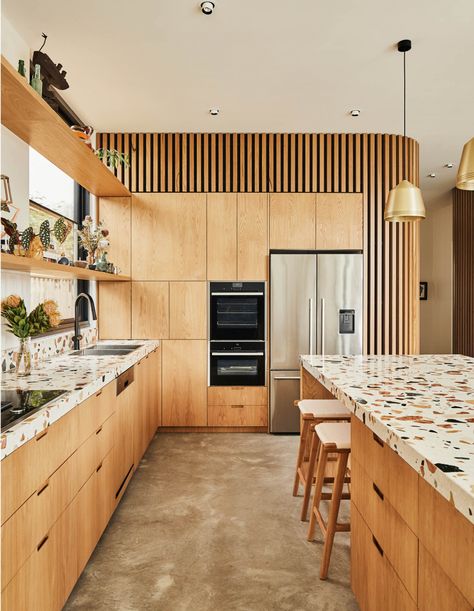 Timber Cabin, White Terrazzo, Modern Extension, Sustainable Kitchen, Wooden Staircases, Classic Kitchen, Countertop Materials, Australian Homes, Wooden Kitchen