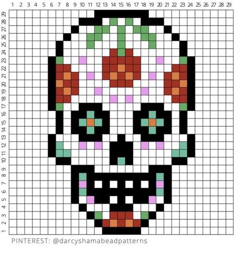 Mexican Perler Bead Patterns, Mexican Pixel Art, Beaded Skull Pattern, Pixel Art Skull, Skull Pixel Art, Sugar Skull Cross Stitch, Graph Paper Designs, Native Beading Patterns, Easy Pixel Art