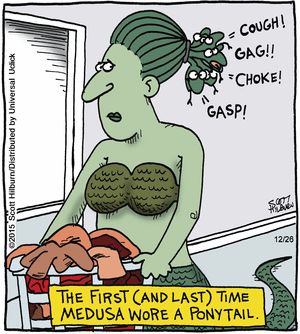 The Argyle Sweater Comic Strip, December 26, 2015     on GoComics.com Latin Classroom, Argyle Sweater Comic, Teaching Latin, Snake Hair, Greek Mythology Humor, Cartoon Strip, Super Funny Quotes, December 26, Funny Images Laughter